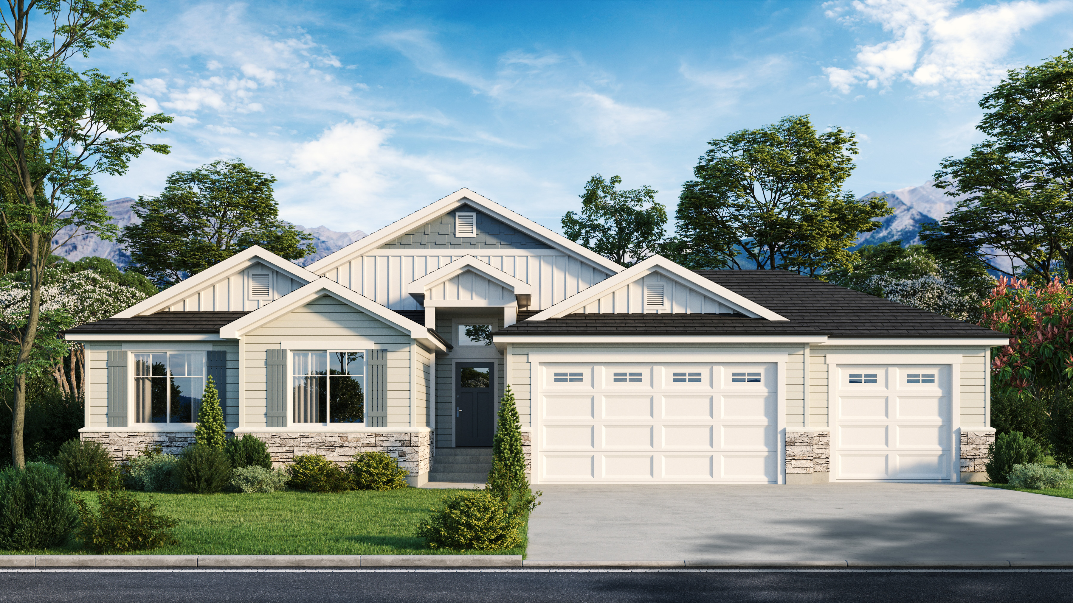 Albany exterior rendering with mountain backdrop