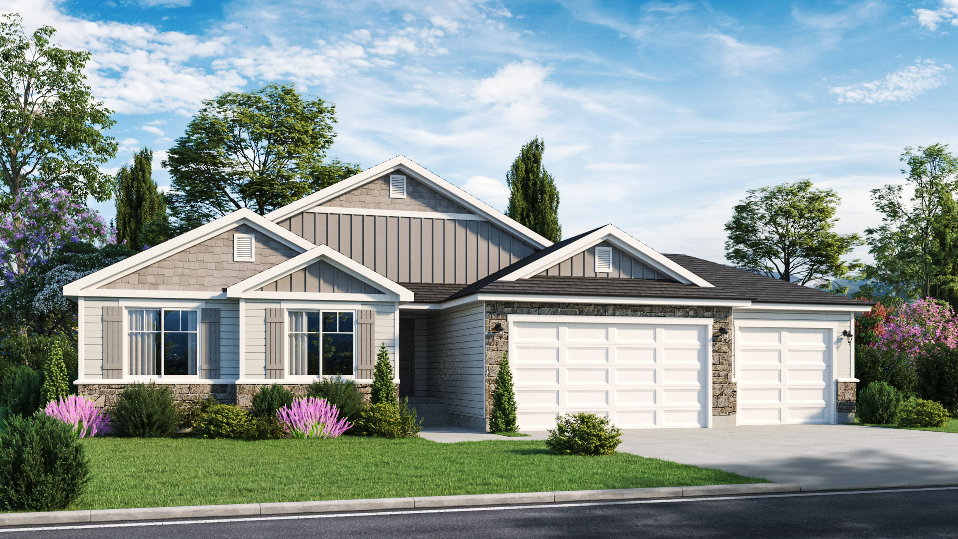 Denali exterior rendering with three-car garage
