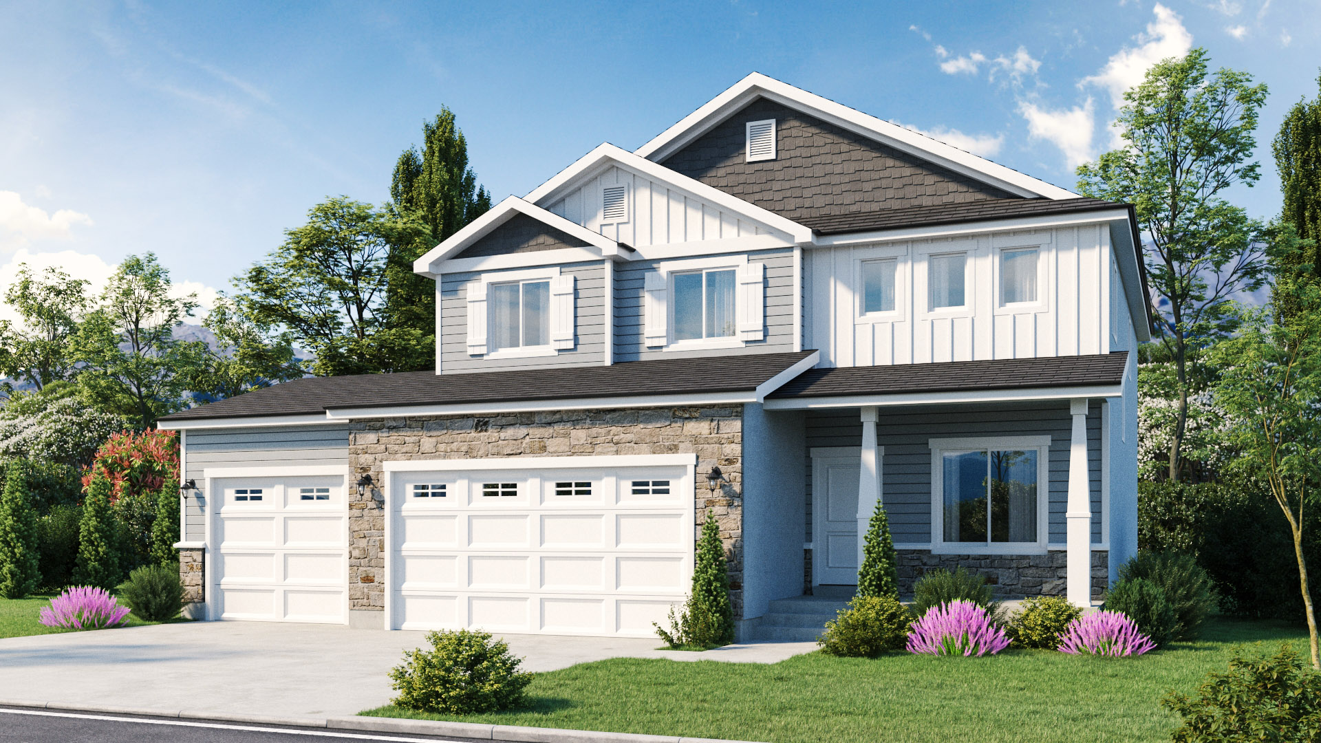 Midway exterior rendering with stone and siding