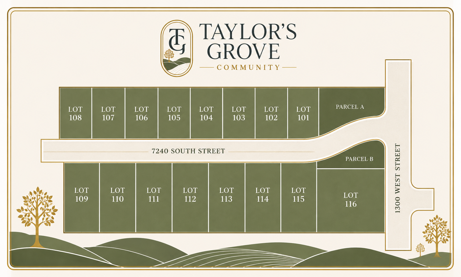 Taylor's Grove Phase One marketing map showing lots 101 through 116 near 7240 South Street and 1300 West Street
